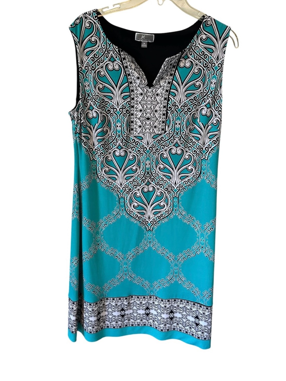 JM Collection Shift Midi Dress Sz Medium Aqua Black Studded V Neck Stretch Boho